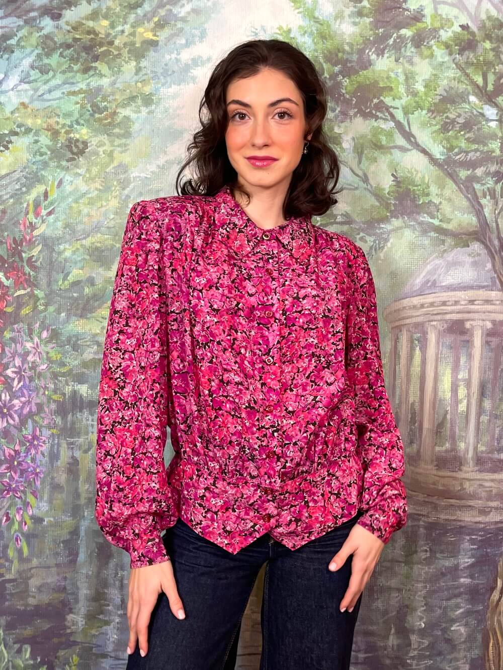 Vintage Pink Floral Printed Blouse