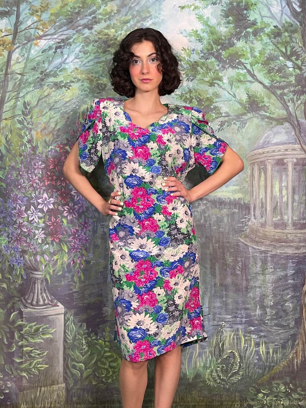 Vintage Silk Floral Flutter Sleeve Midi Dress
