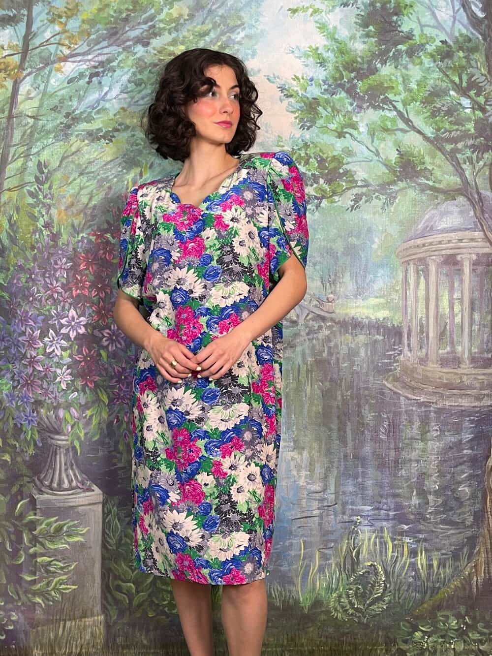 Vintage Silk Floral Flutter Sleeve Midi Dress