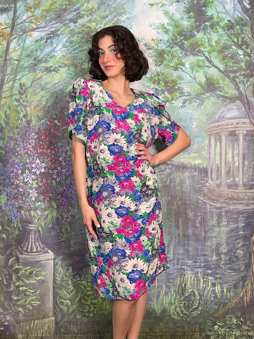 Vintage Silk Floral Flutter Sleeve Midi Dress