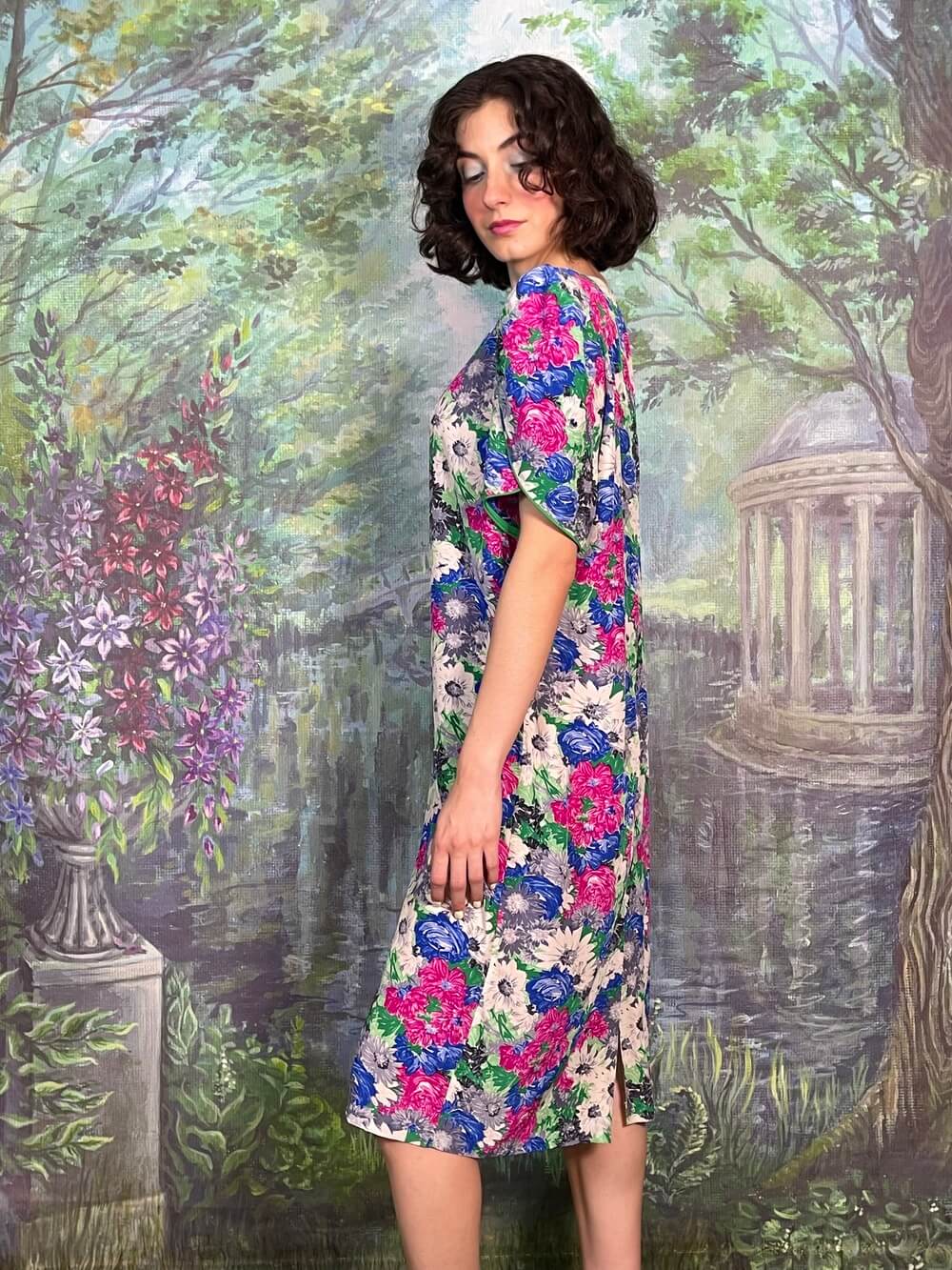 Vintage Silk Floral Flutter Sleeve Midi Dress