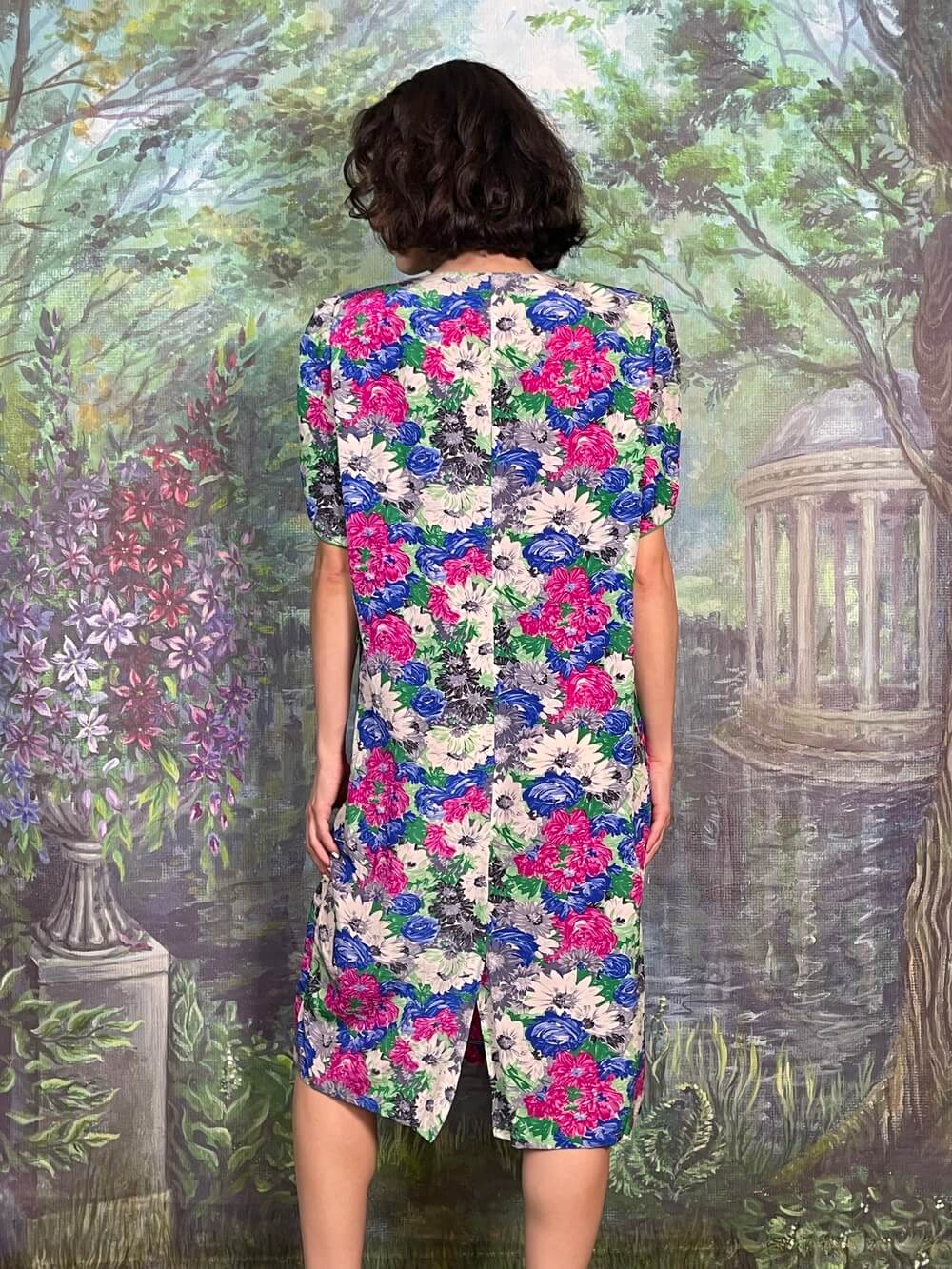 Vintage Silk Floral Flutter Sleeve Midi Dress