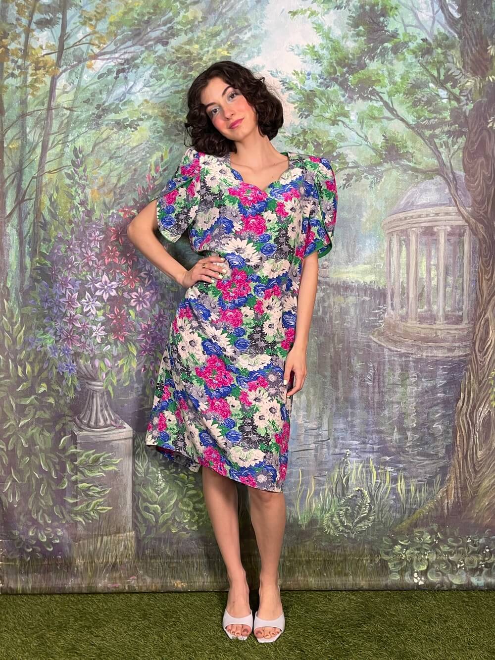Vintage Silk Floral Flutter Sleeve Midi Dress