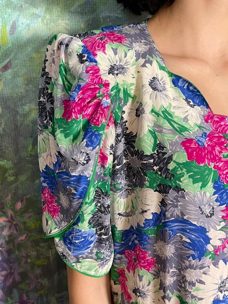 Vintage Silk Floral Flutter Sleeve Midi Dress