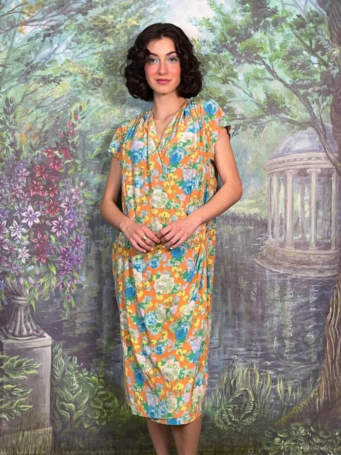 Vintage Silk Draped Floral Wrap Midi Dress