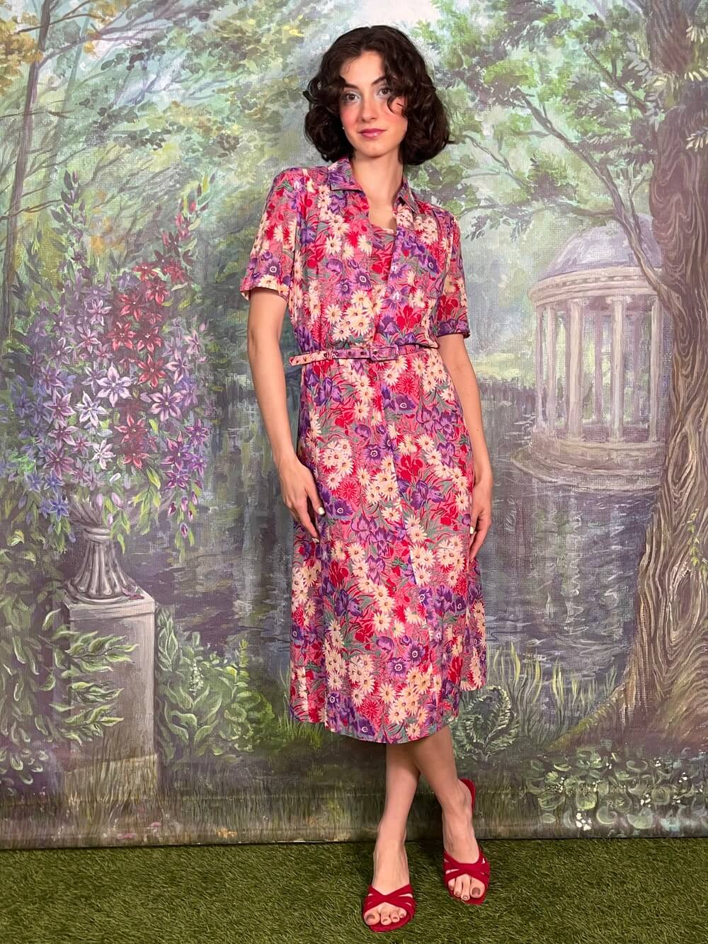 Vintage Pink Botanical Print Belted Midi Dress