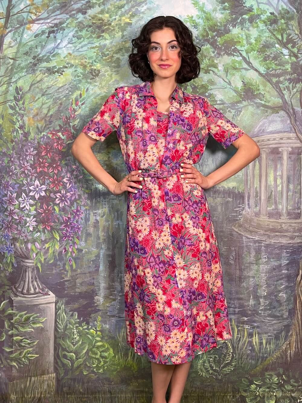 Vintage Pink Botanical Print Belted Midi Dress