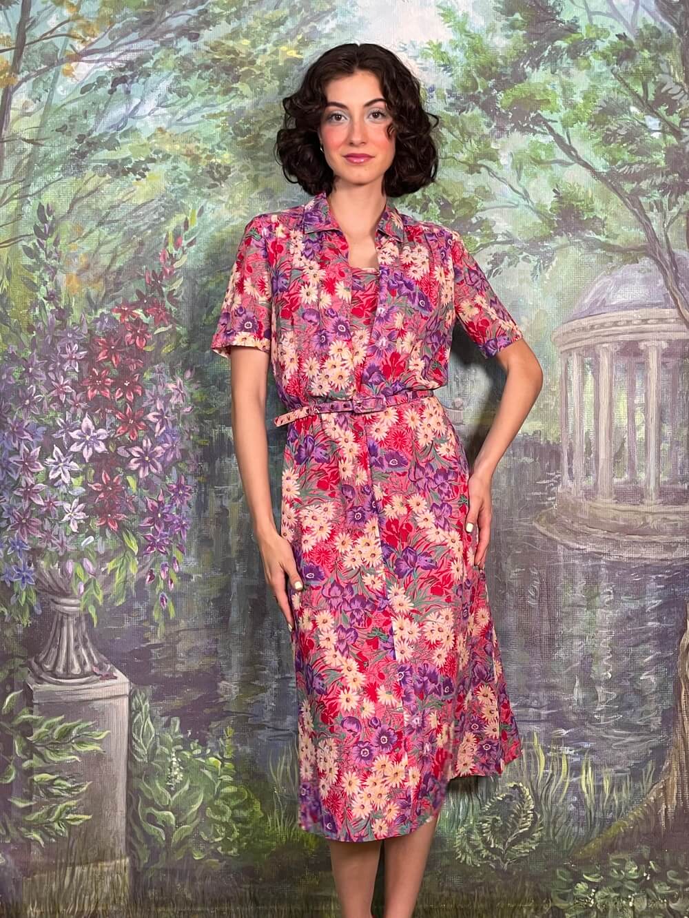 Vintage Pink Botanical Print Belted Midi Dress