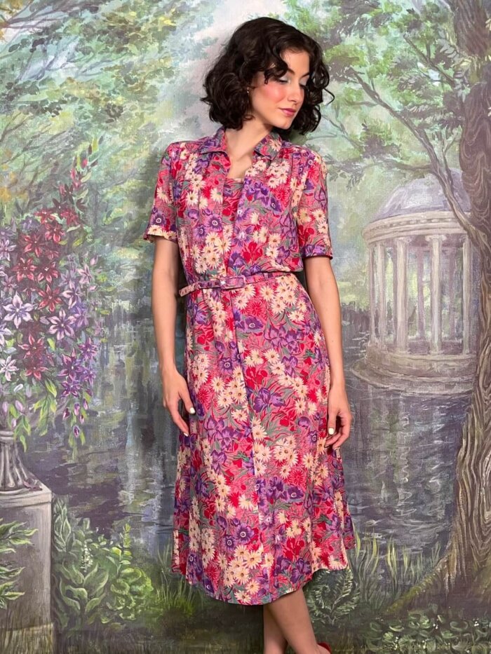 Vintage Pink Botanical Print Belted Midi Dress