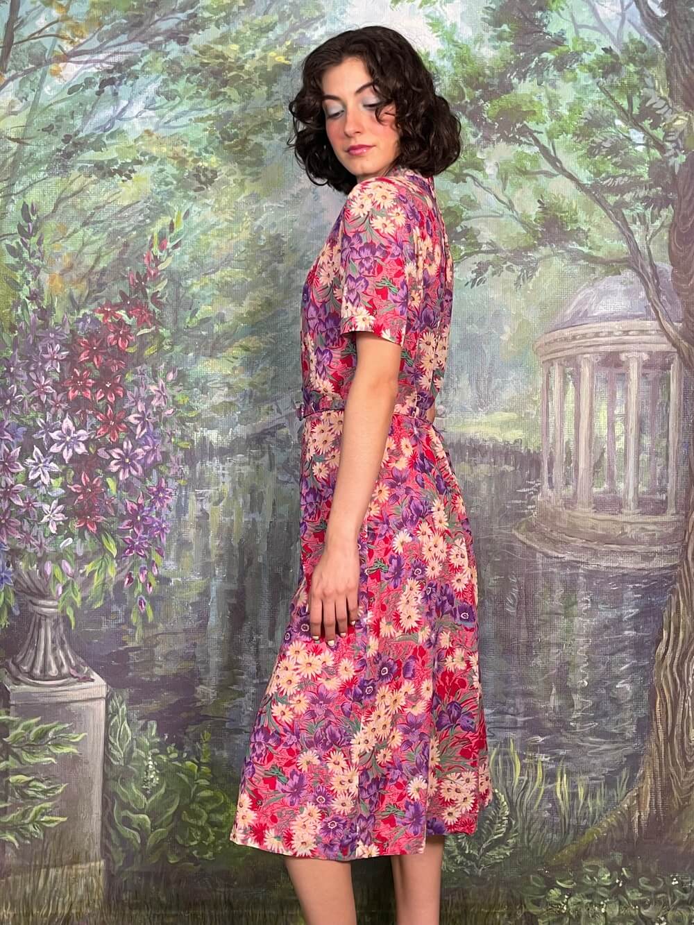 Vintage Pink Botanical Print Belted Midi Dress