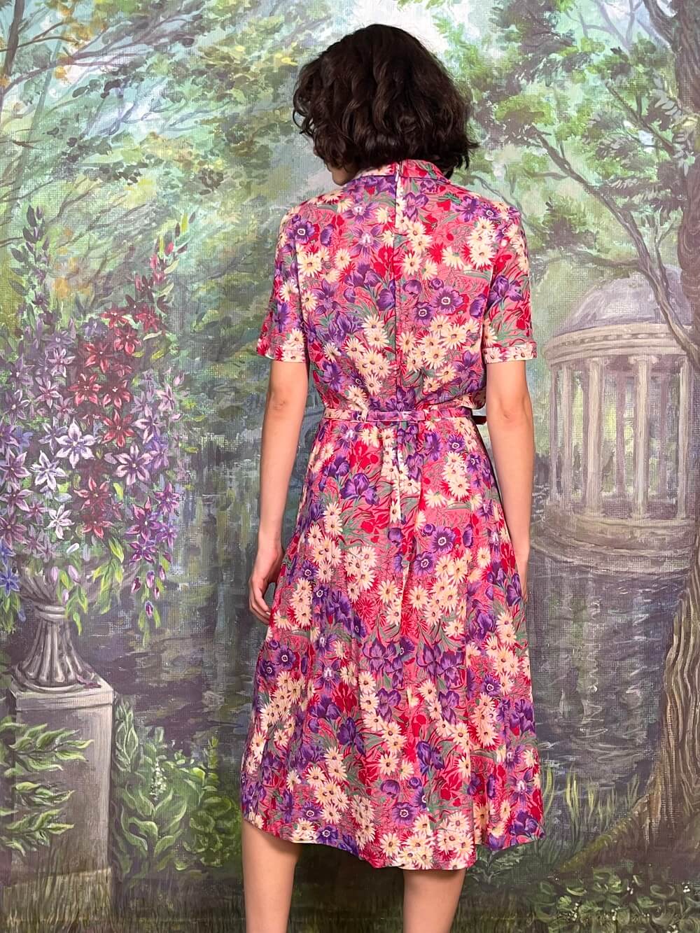 Vintage Pink Botanical Print Belted Midi Dress