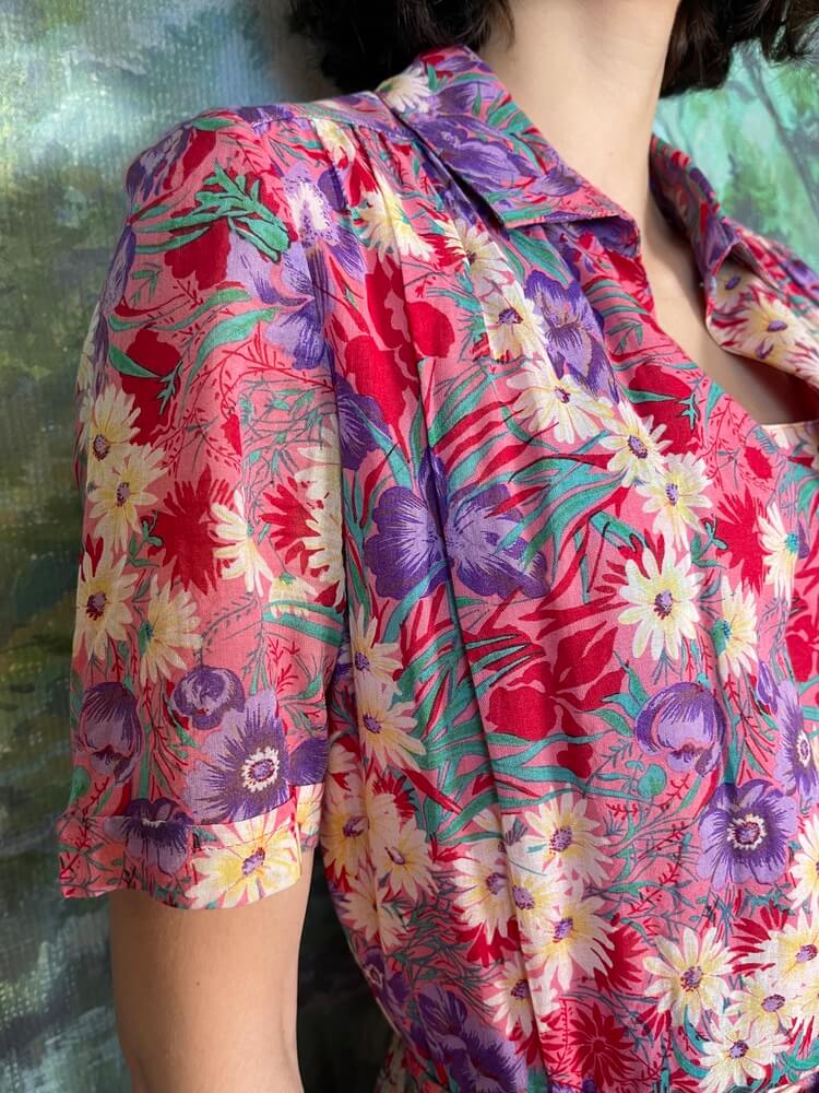 Vintage Pink Botanical Print Belted Midi Dress