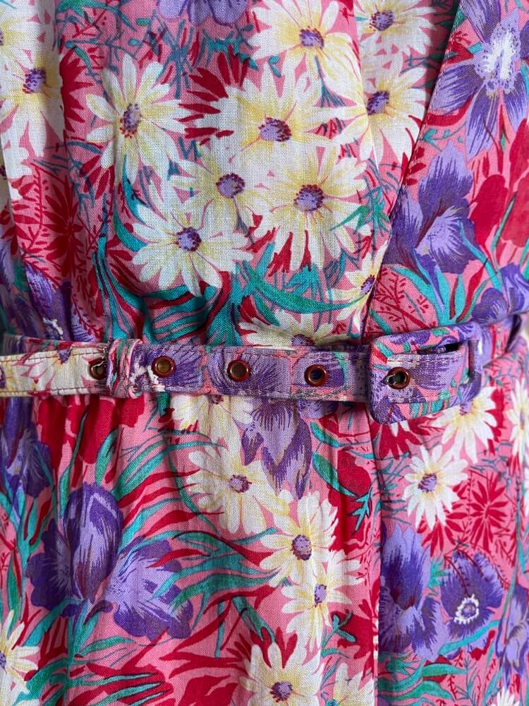 Vintage Pink Botanical Print Belted Midi Dress