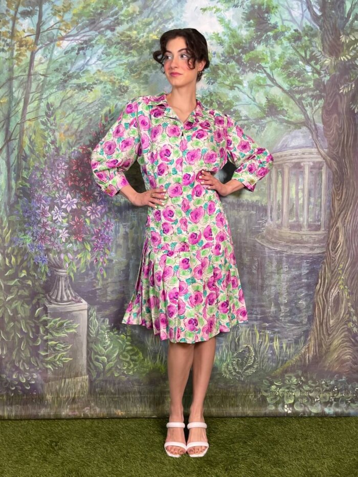 Vintage Silk Watercolor Rose Print Drop Waist Dress