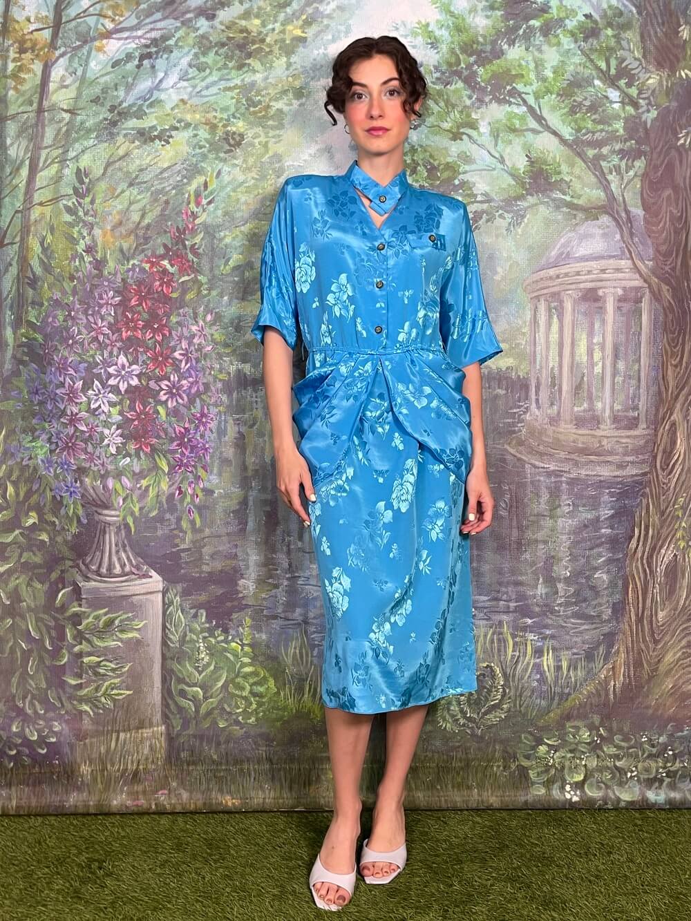Vintage Blue Satin Floral Midi Dress