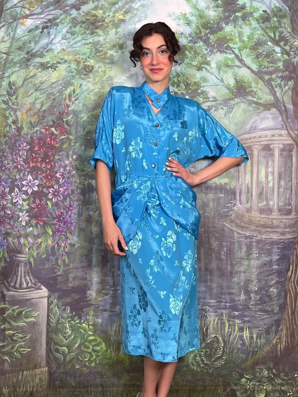 Vintage Blue Satin Floral Midi Dress