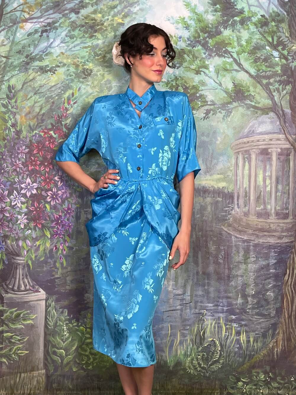 Vintage Blue Satin Floral Midi Dress