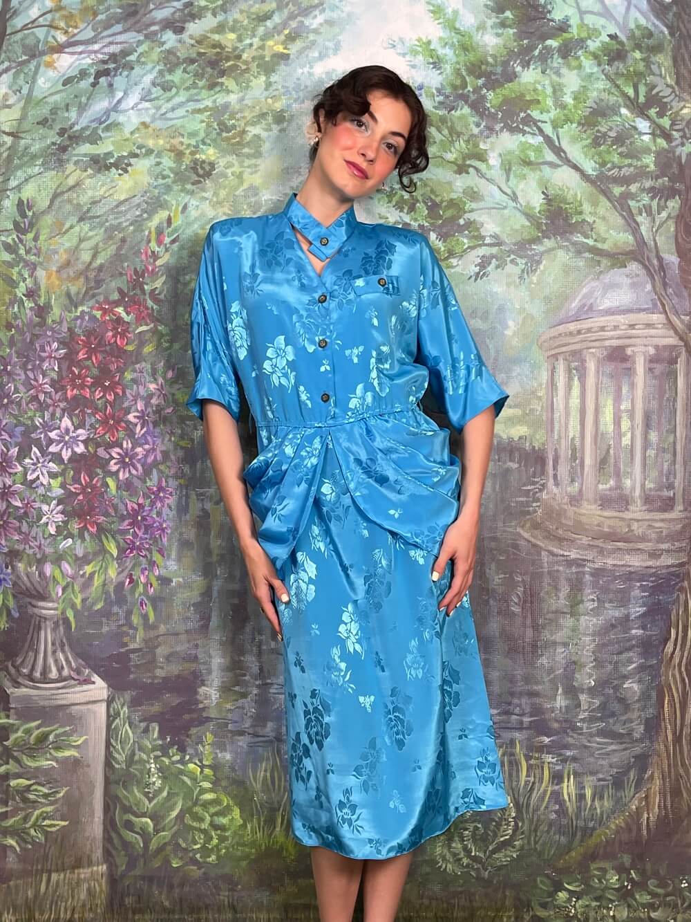 Vintage Blue Satin Floral Midi Dress