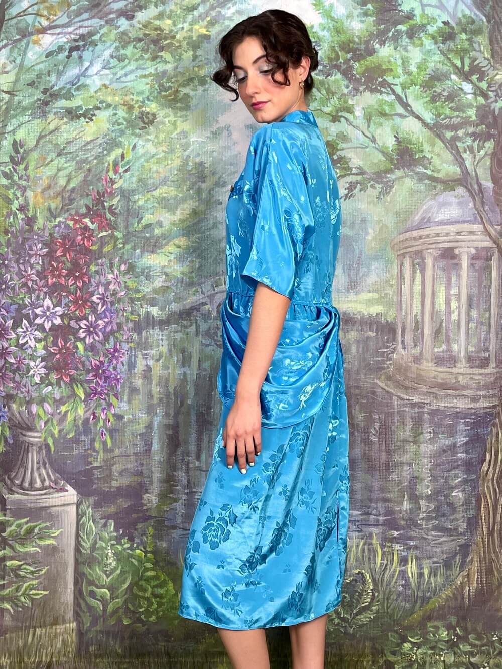Vintage Blue Satin Floral Midi Dress
