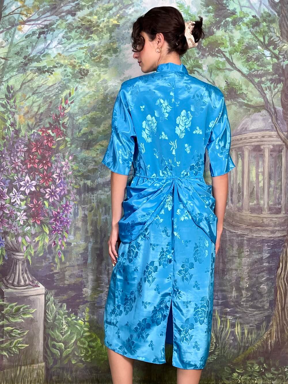 Vintage Blue Satin Floral Midi Dress