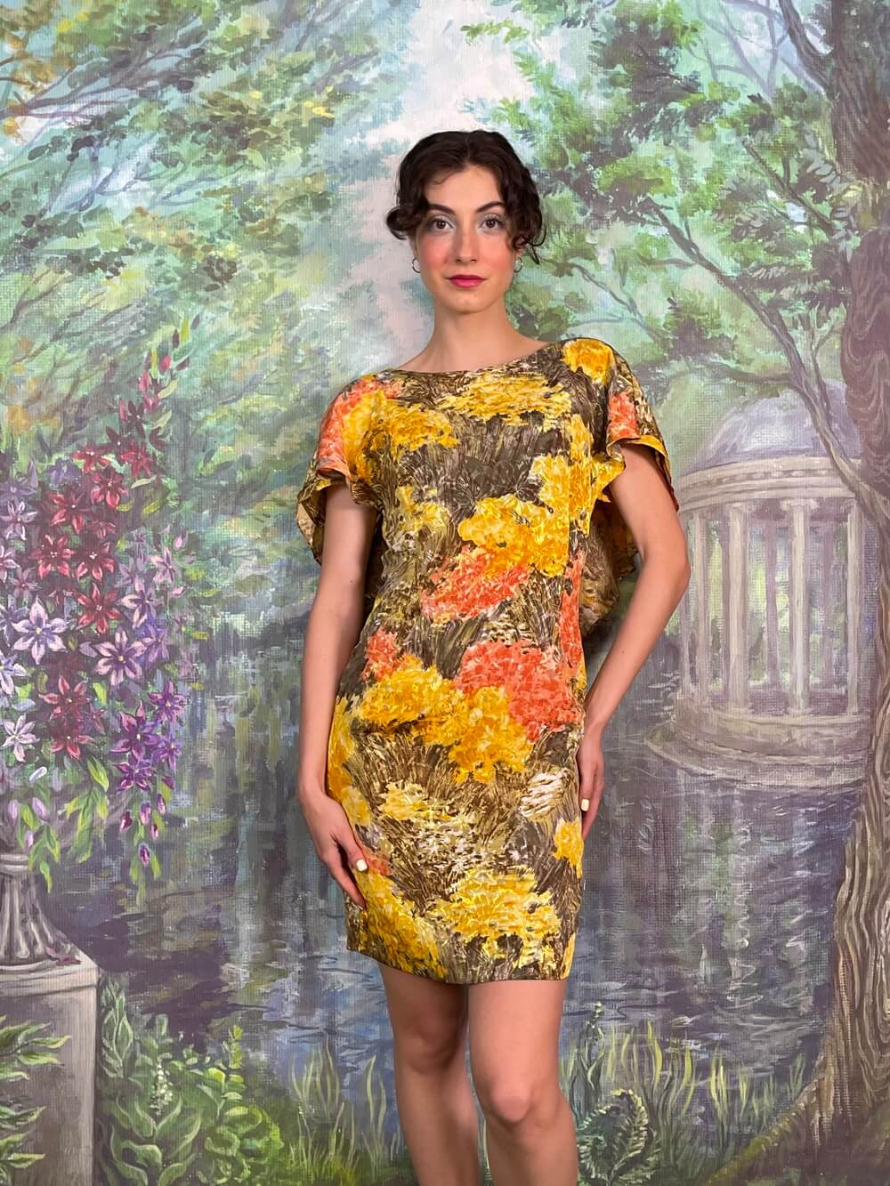 Vintage Abstract Floral Flutter Sleeve Mini Dress