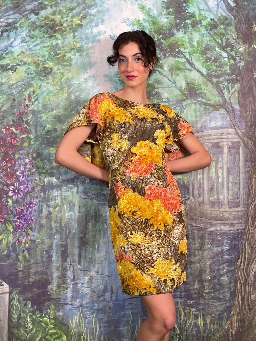 Vintage Abstract Floral Flutter Sleeve Mini Dress