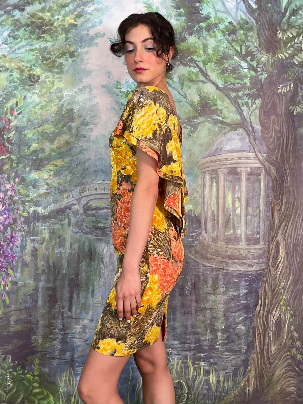 Vintage Abstract Floral Flutter Sleeve Mini Dress