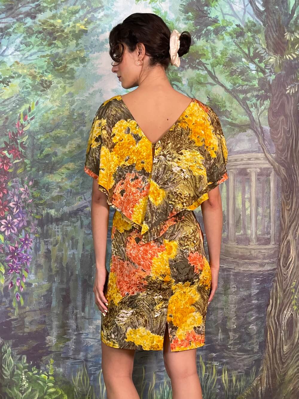 Vintage Abstract Floral Flutter Sleeve Mini Dress
