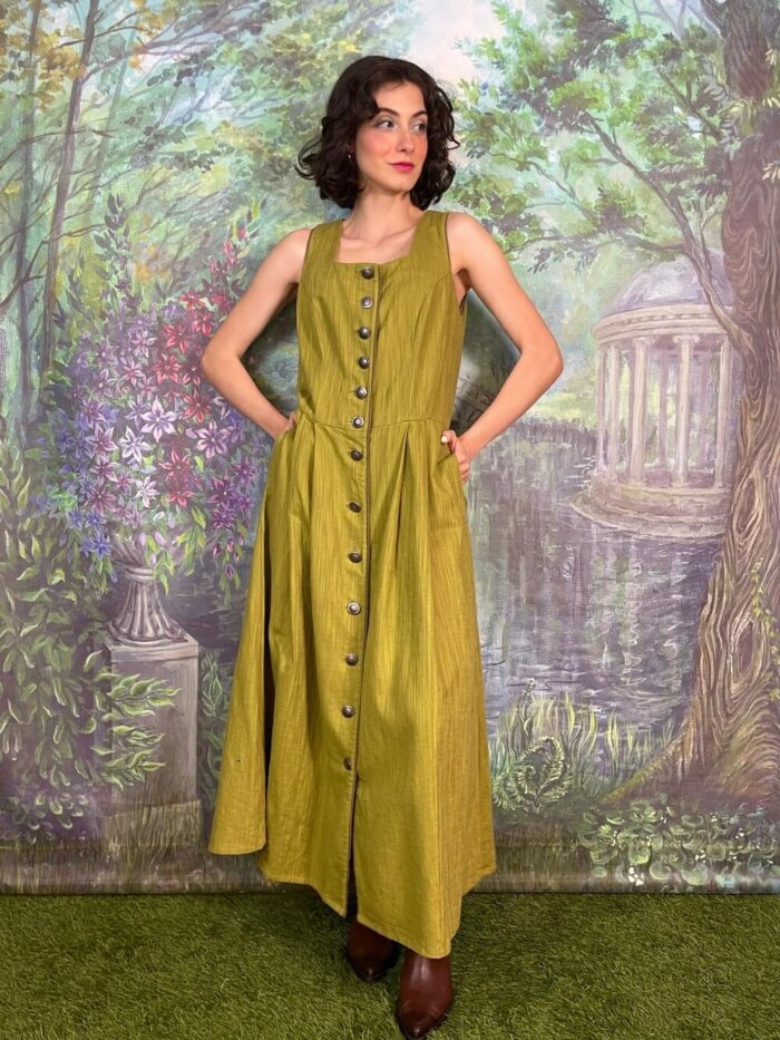 Vintage Austrian Olive Green Button Front Maxi Dress