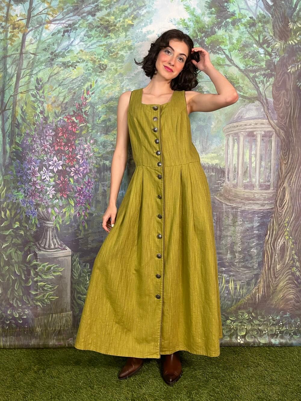 Vintage Austrian Olive Green Button Front Maxi Dress