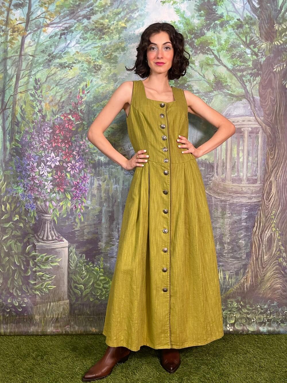 Vintage Austrian Olive Green Button Front Maxi Dress