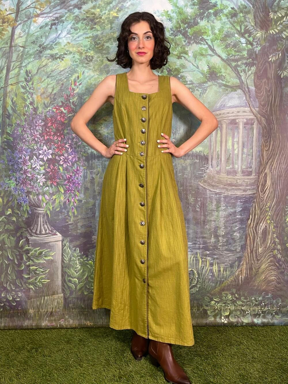 Vintage Austrian Olive Green Button Front Maxi Dress