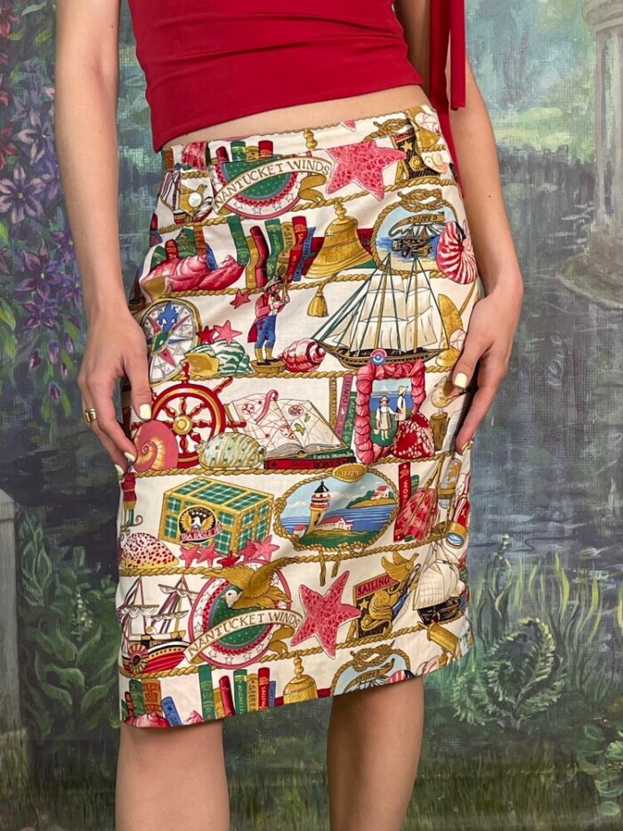 Vintage Nautical Print Pencil Skirt