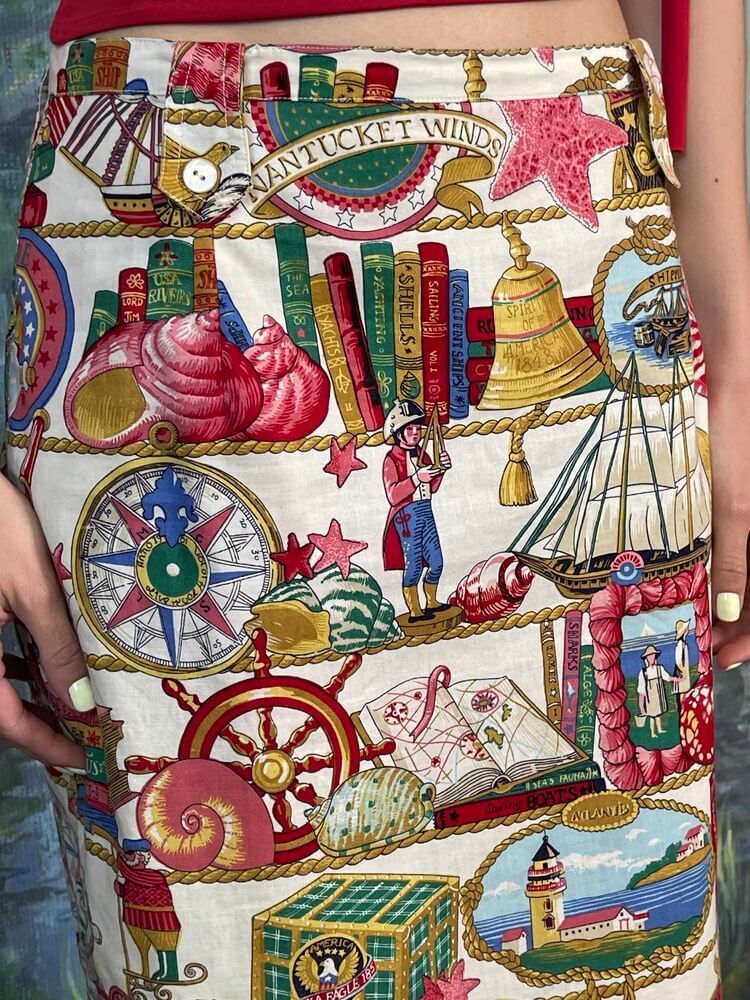 Vintage Nautical Print Pencil Skirt