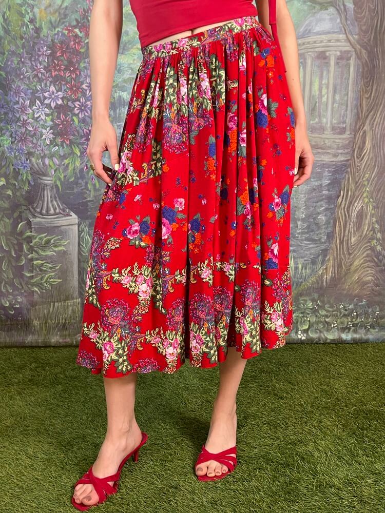Vintage Red Floral Midi Skirt