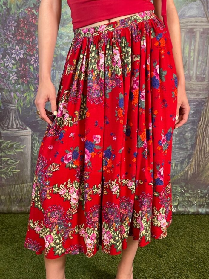 Vintage Red Floral Midi Skirt