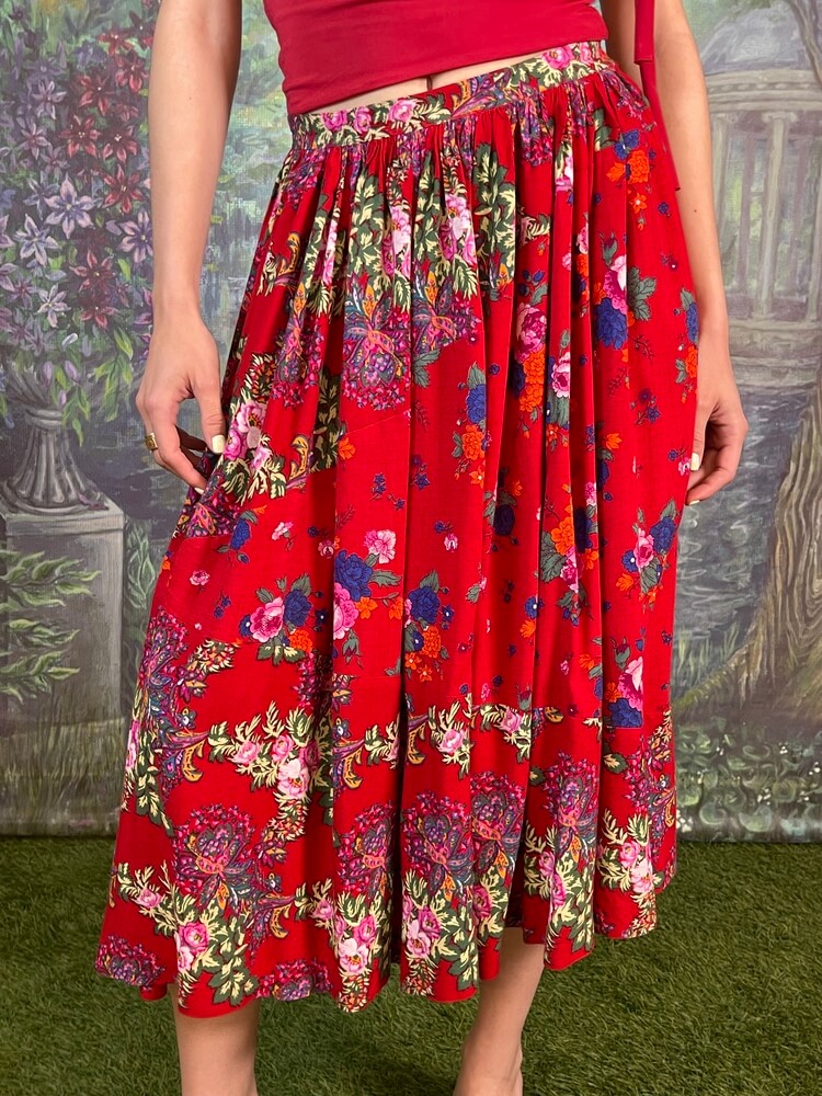 Vintage Red Floral Midi Skirt