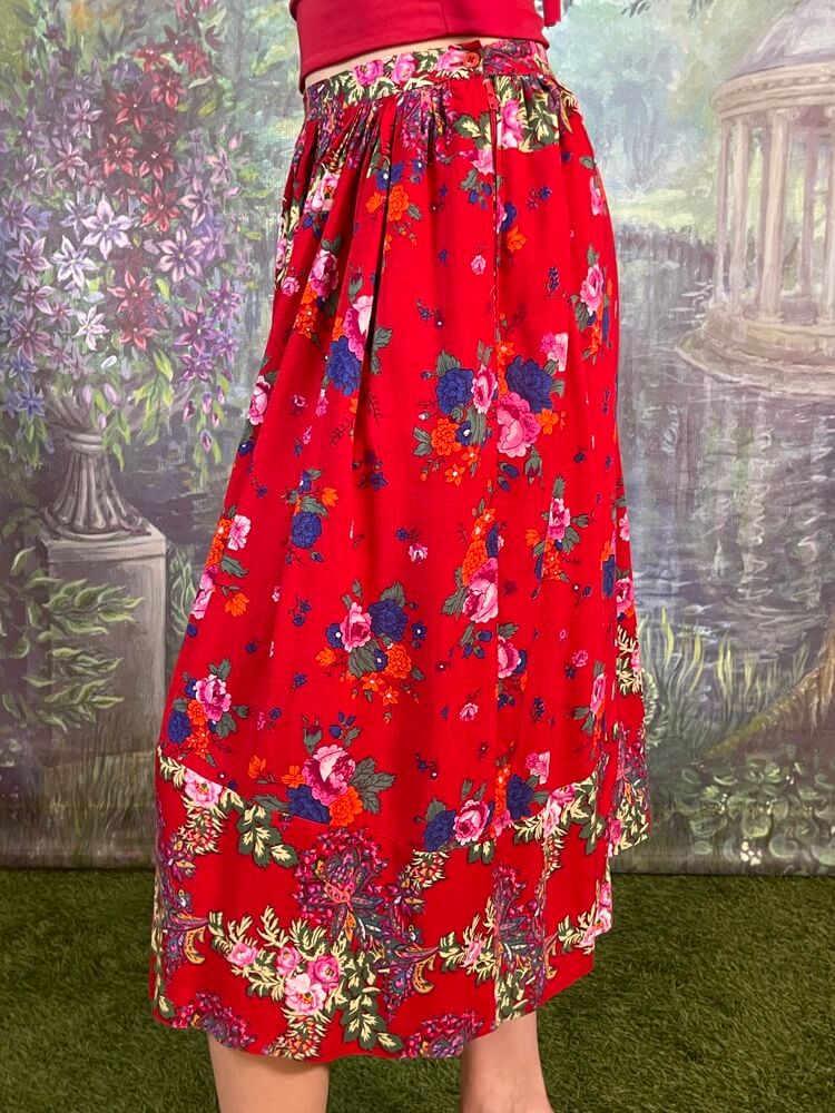 Vintage Red Floral Midi Skirt
