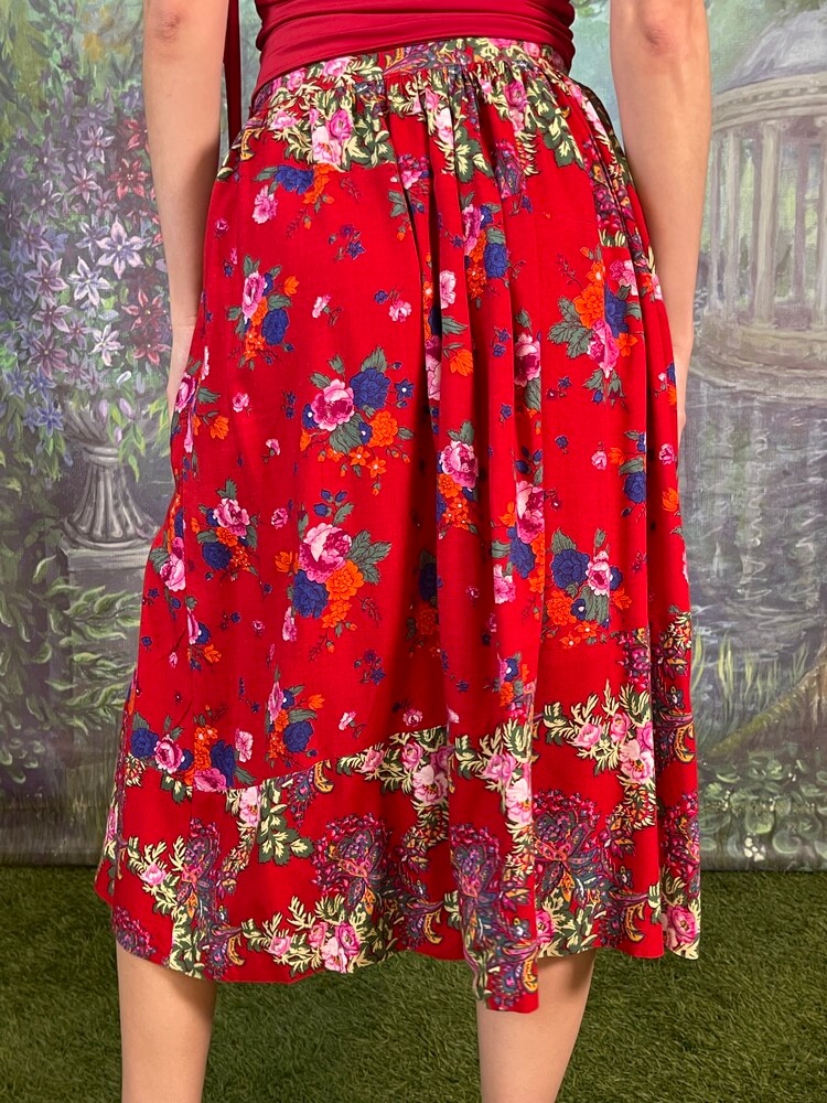 Vintage Red Floral Midi Skirt
