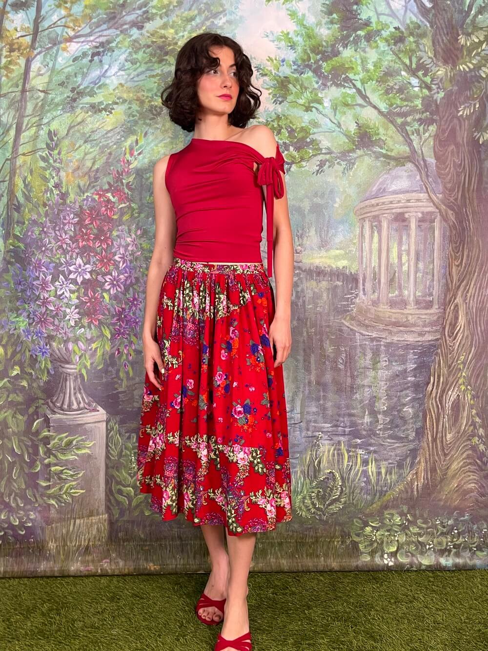 Vintage Red Floral Midi Skirt