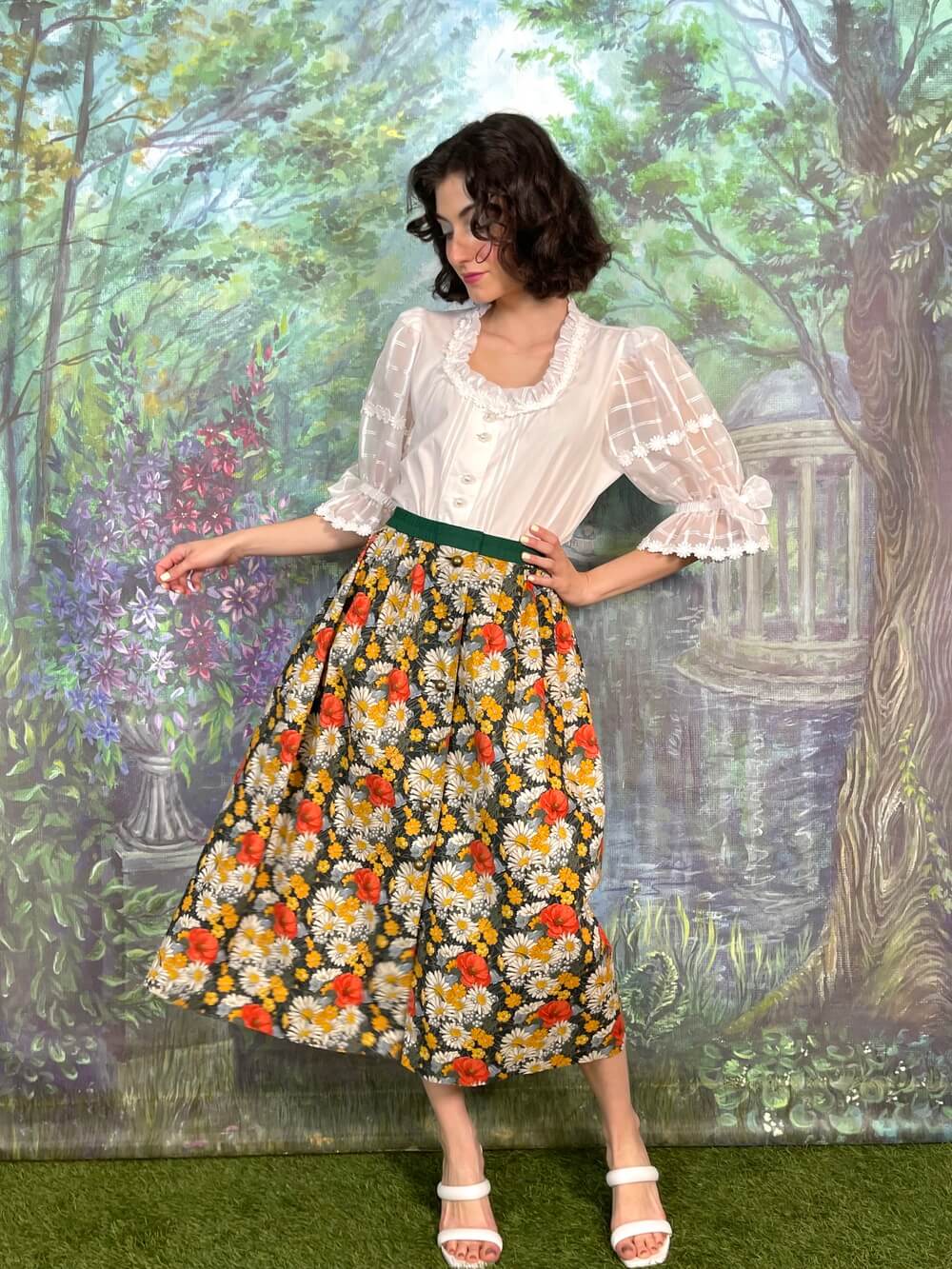 Vintage Austrian Floral Button Front Midi Skirt