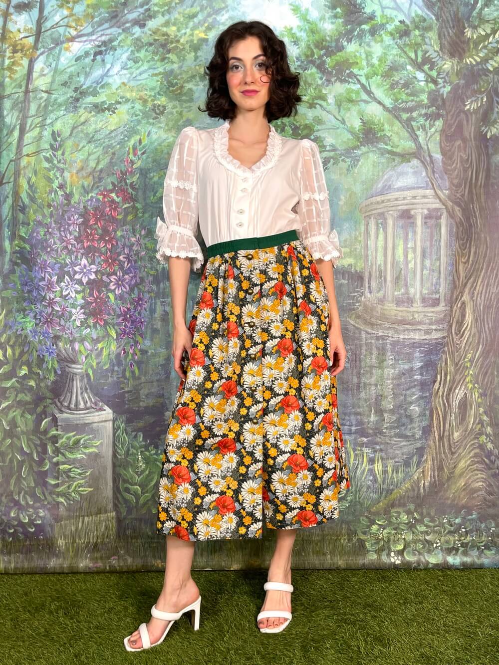 Vintage Austrian Floral Button Front Midi Skirt