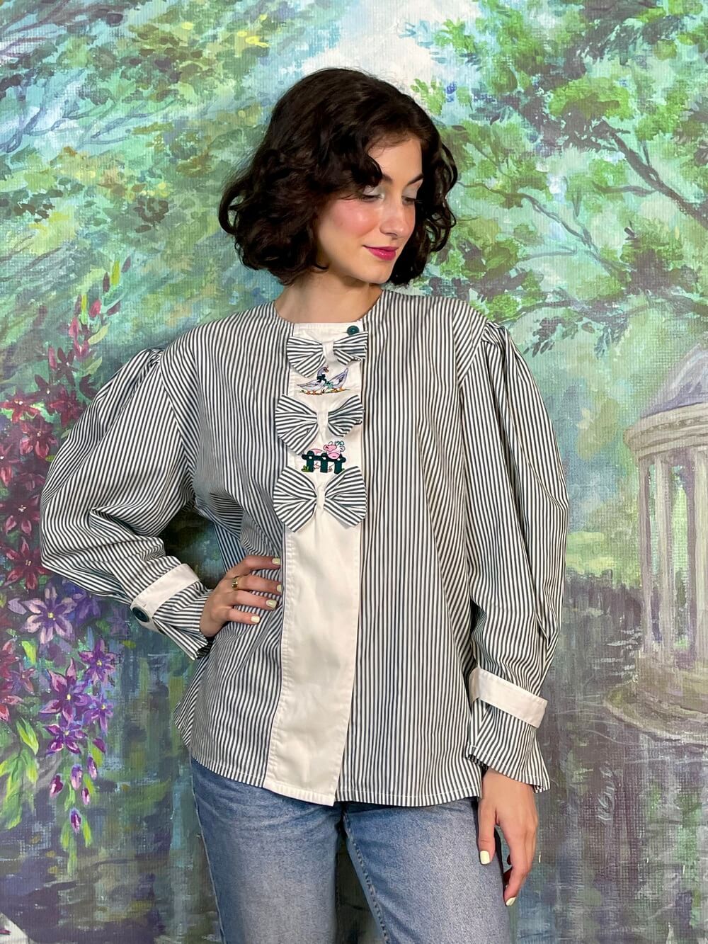 Vintage Austrian Striped Embroidered Bow Blouse