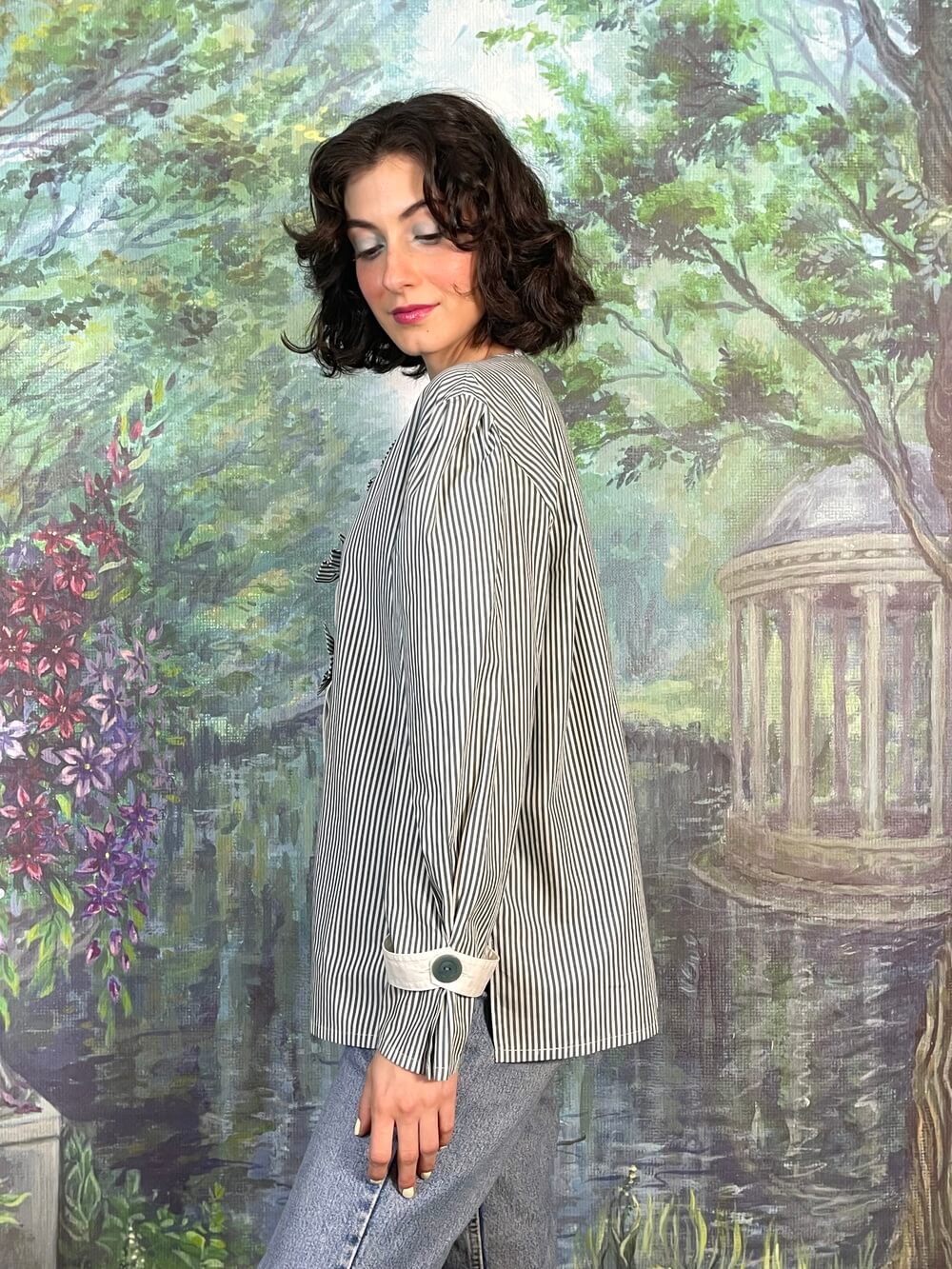 Vintage Austrian Striped Embroidered Bow Blouse
