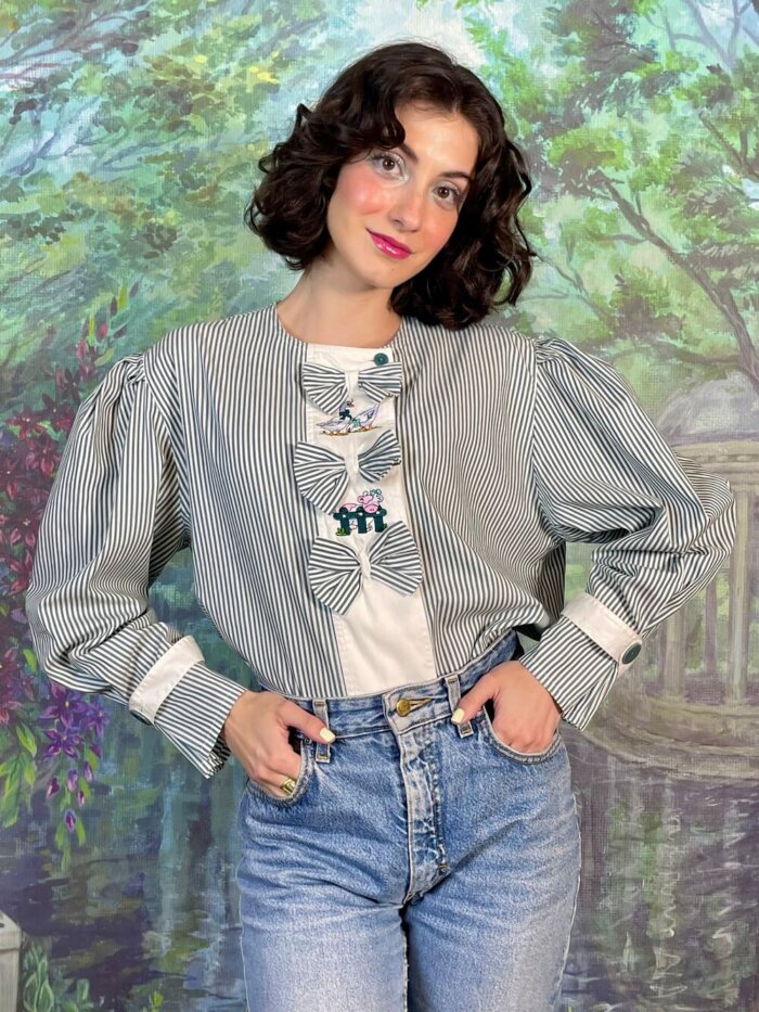 Vintage Austrian Striped Embroidered Bow Blouse
