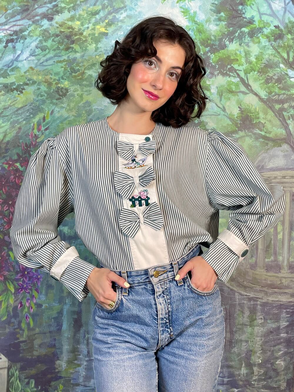 Vintage Austrian Striped Embroidered Bow Blouse