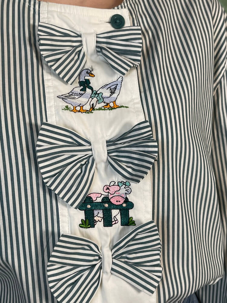 Vintage Austrian Striped Embroidered Bow Blouse