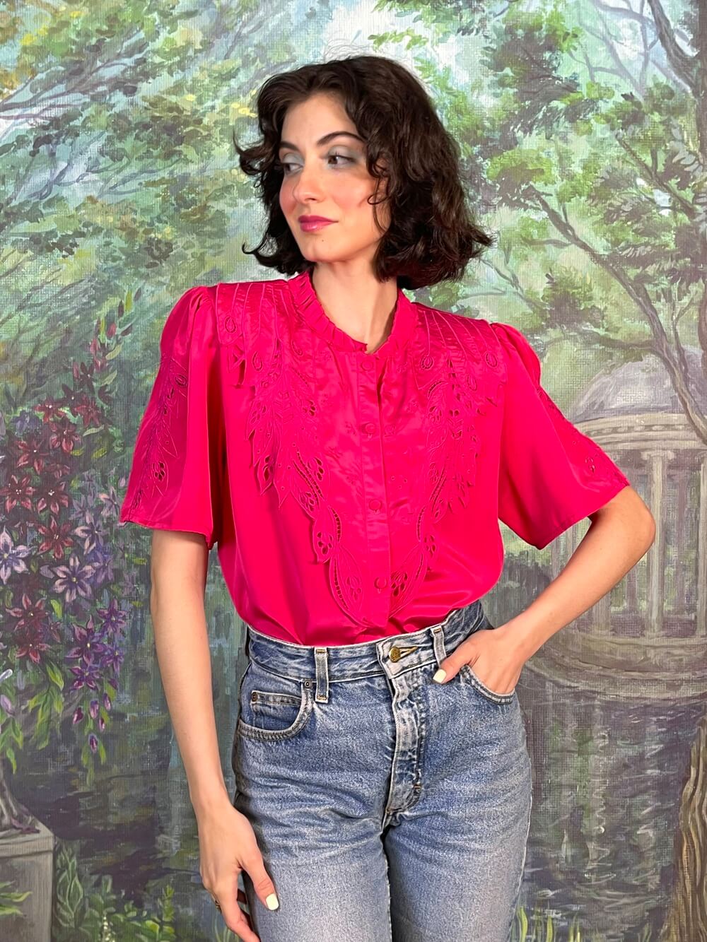 Vintage Fuchsia Embroidered Satin Blouse
