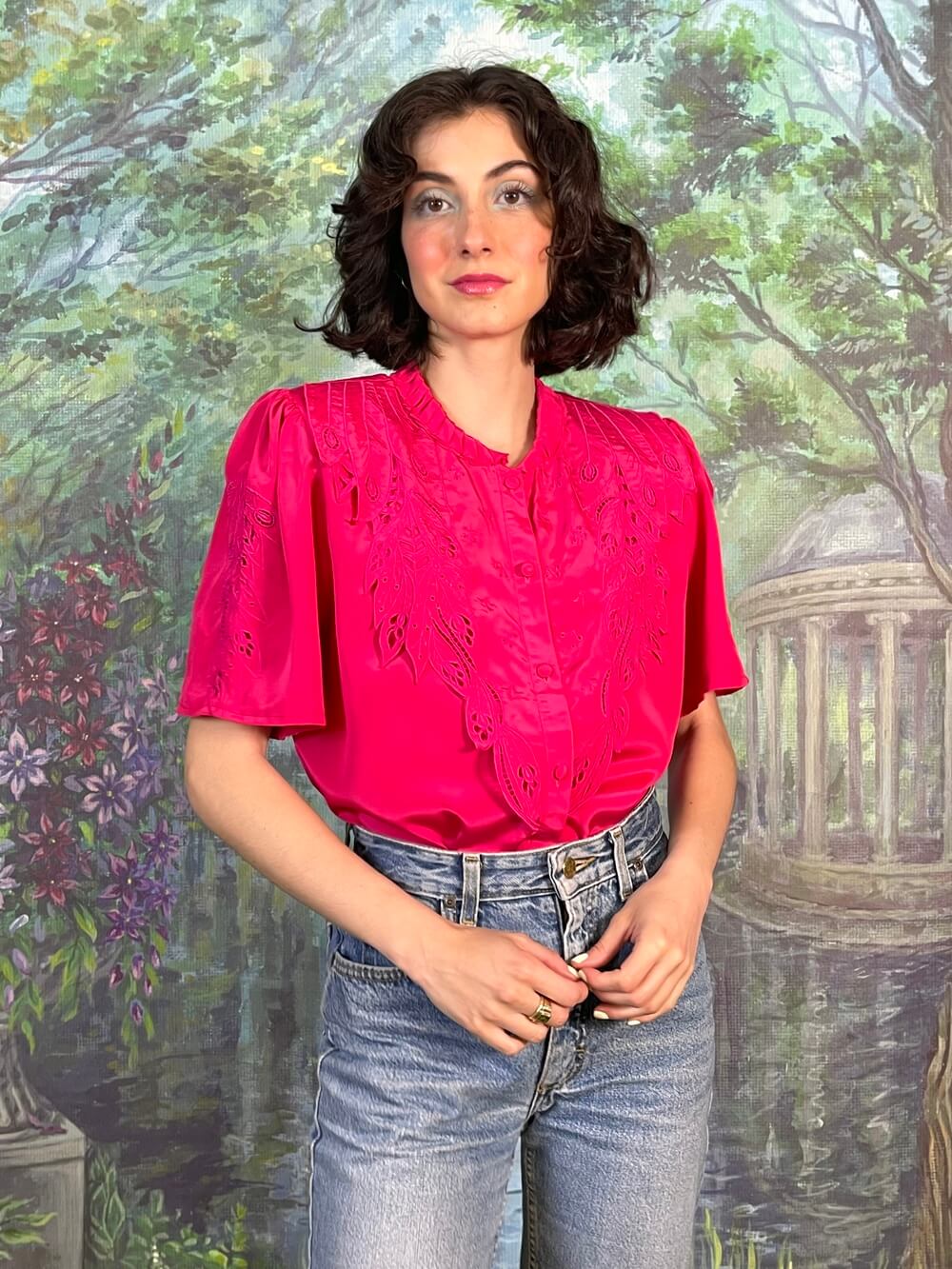 Vintage Fuchsia Embroidered Satin Blouse