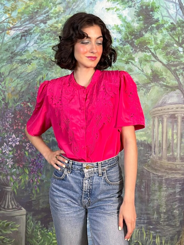 Vintage Fuchsia Embroidered Satin Blouse